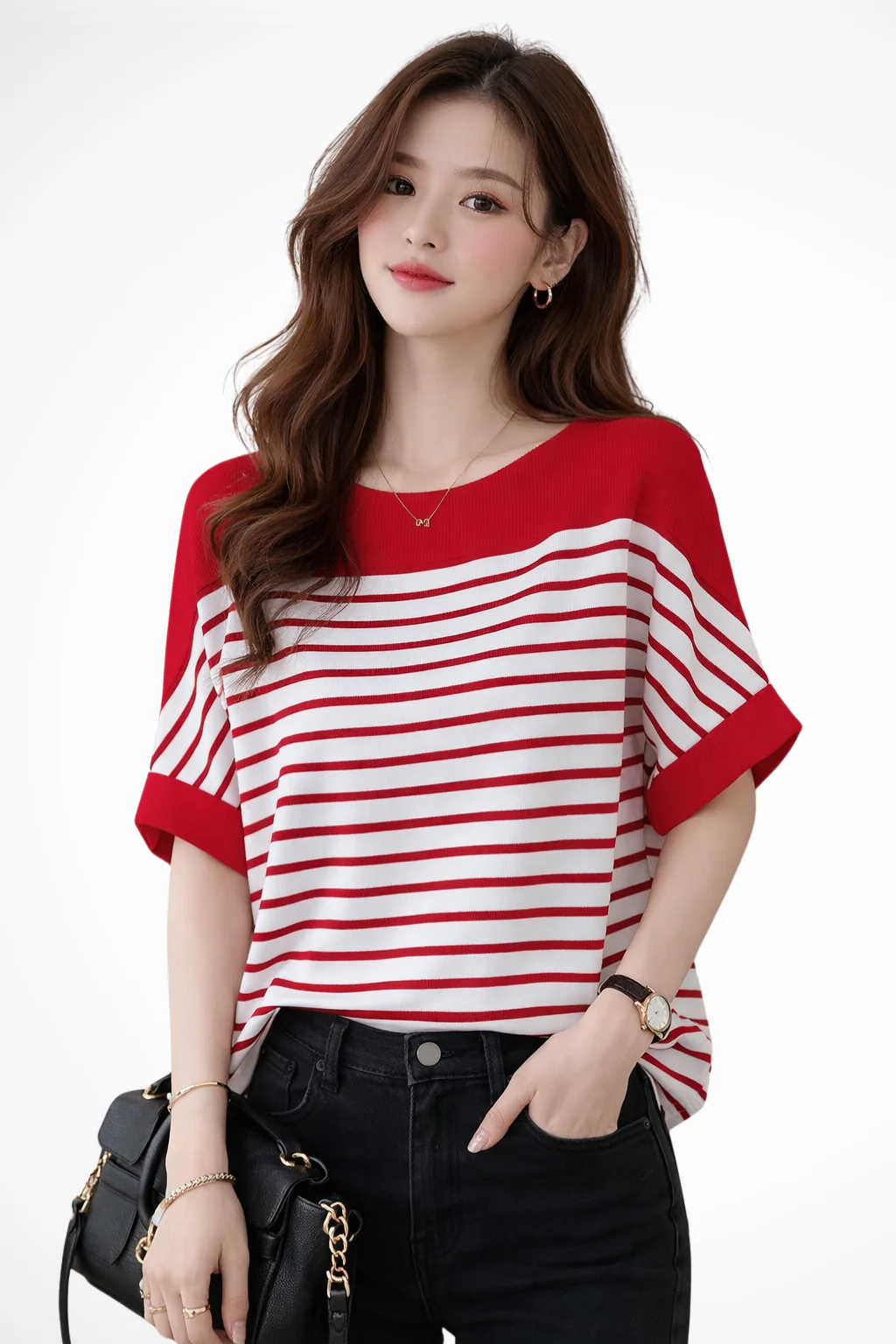 Tilda | Women Oversized Round Neck Half Sleeve Striped Shirt - Image 7