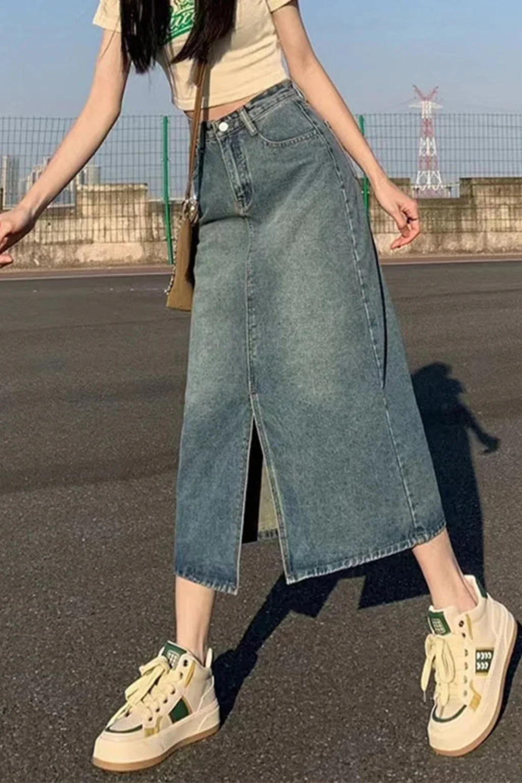 Wren | Women High Waist A Line Denim Maxi Skirt with Front Split - Image 3