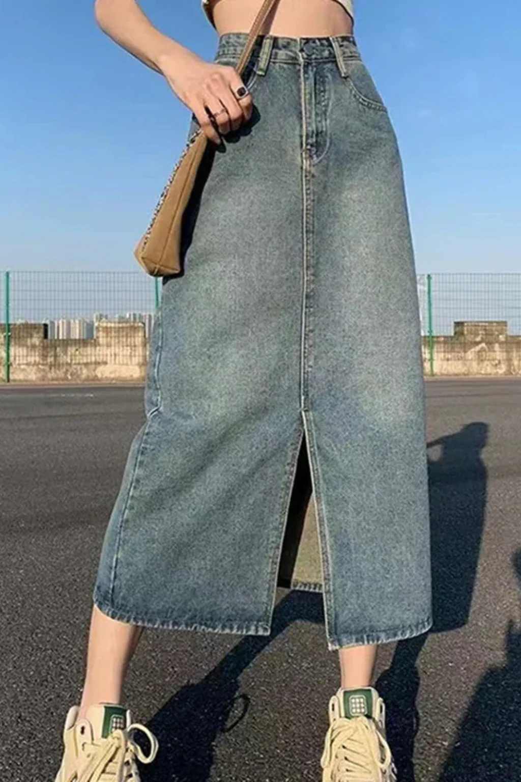 Wren | Women High Waist A Line Denim Maxi Skirt with Front Split - Image 4