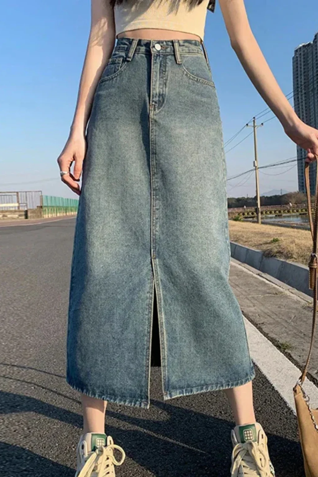 Wren | Women High Waist A Line Denim Maxi Skirt with Front Split - Image 5